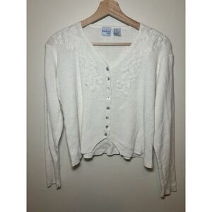 Bedford Fair Vintage Cotton Blend White Scalloped Hem Cardigan